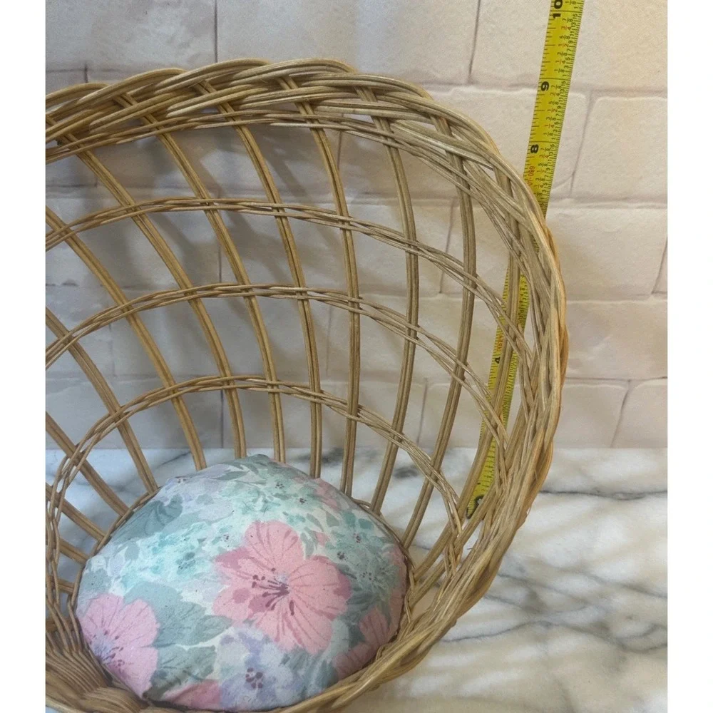Vintage Wicker Slanted Display Basket with Floral Pincushion Base Natural Rattan